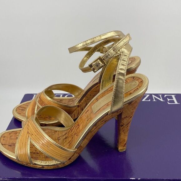 Enzo Angiolini Bamboo Easenya Open Toe Heels Leather Gold Natural 6.5 - Picture 3 of 15